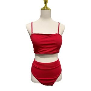 2 Piece Ribbed Bandeau Swimsuit High Waisted Bating Suit Red XL